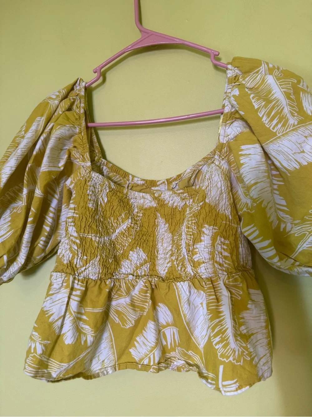 Smocked Puff Sleeve Peplum Top - yellow Leaf Print